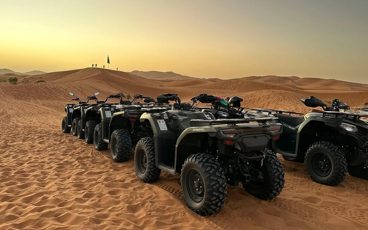 Quad bikes parked on the sand at the edge of the dunes