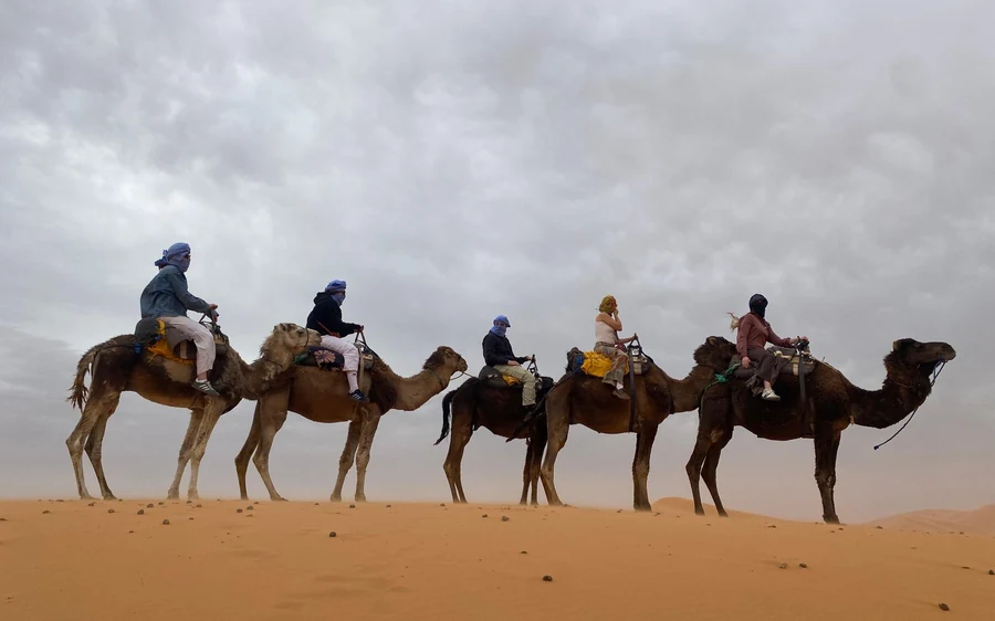 Ein niedriger Tisch für eine Mahlzeit in einem Wüstenzelt mit Teppichen auf dem Sand