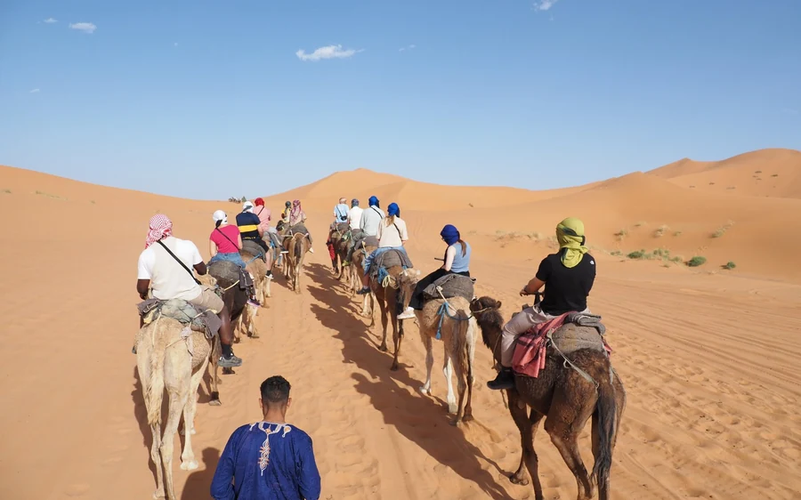 Ein Minibus an einem Aussichtspunkt über einem weiten Wüstental